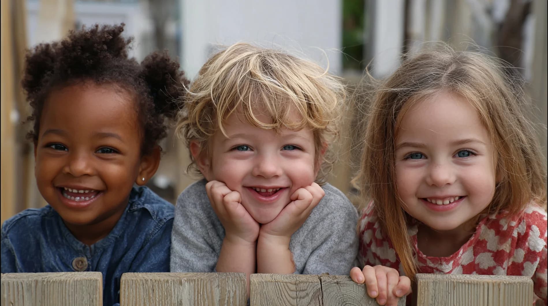 Drei Kinder schauen in die Kamera und lachen