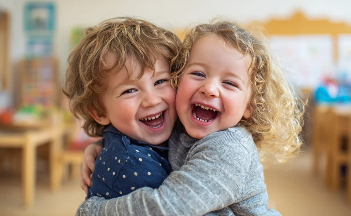Zwei lachende Kinder umarmen sich