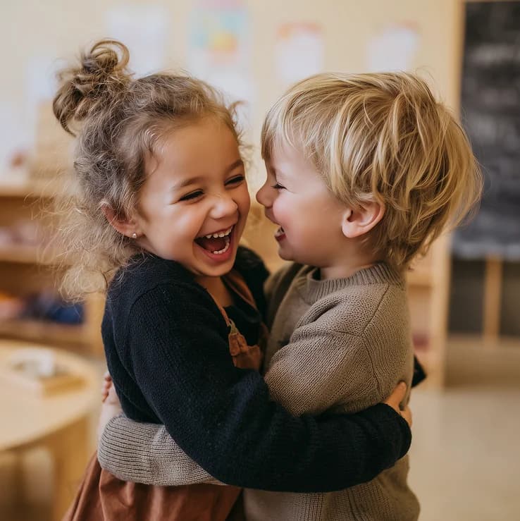 Foto von zwei Kindern die sich umarmen und lachen