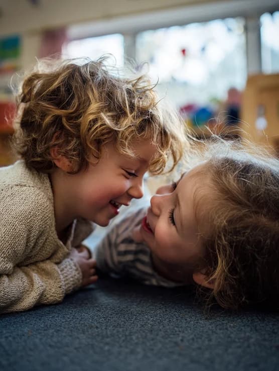 Zwei lachende Kinder liegen auf dem boden
